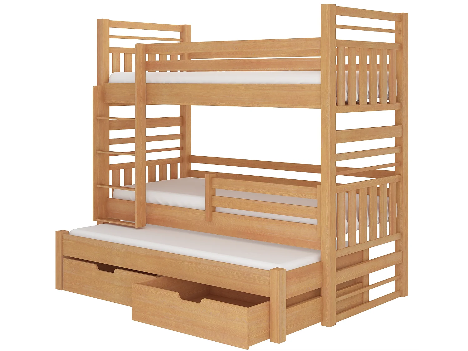 Lit superposé 3 couchages avec 2 tiroirs de rangement bois clair 90x200 Niko