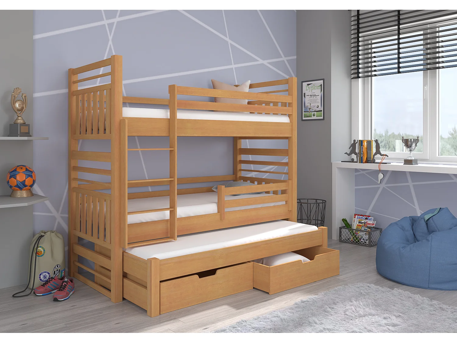 Lit superposé 3 couchages avec 2 tiroirs de rangement bois clair 90x200 Niko