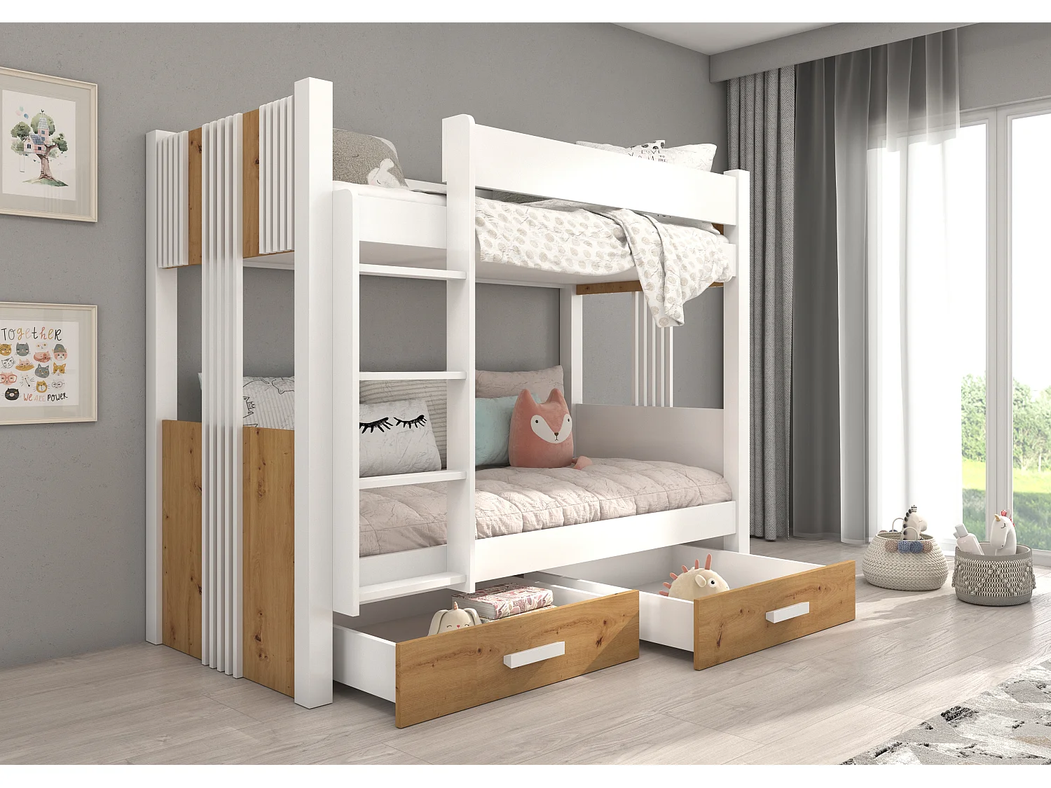 Lit superposé blanc et bois artisan 2 couchages 80x180 ou 90x200 avec tiroirs de rangement Luka-2 matelas 90x200-90x200