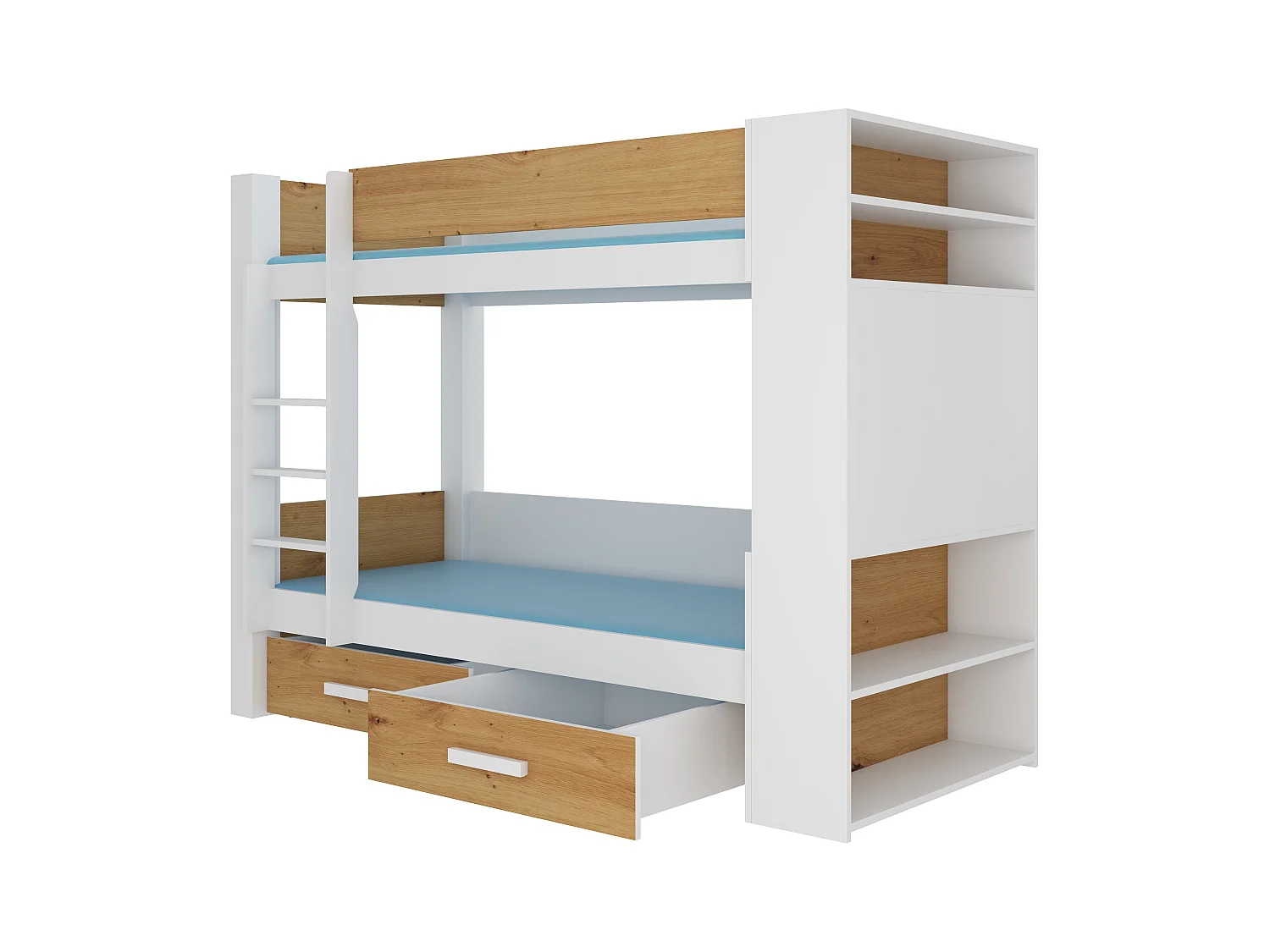 Lit superposé blanc et bois artisan 2 couchages 90x200 avec rangement Mila