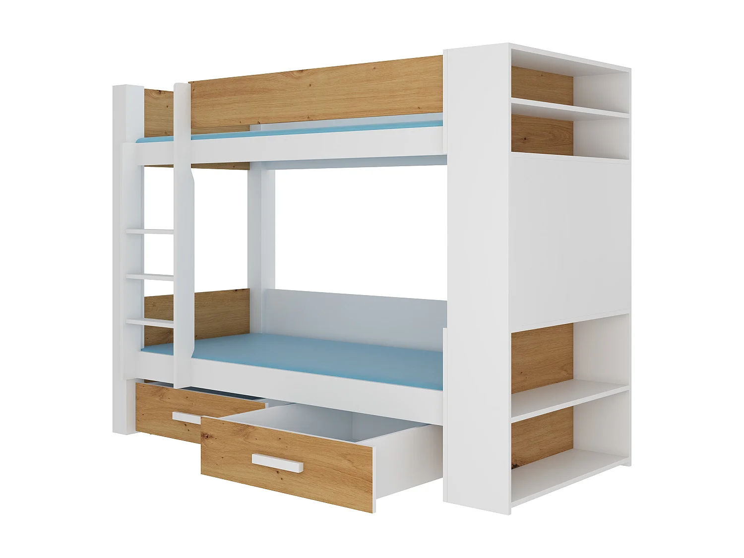 Lit superposé blanc et bois artisan 2 couchages 90x200 avec rangement Mila