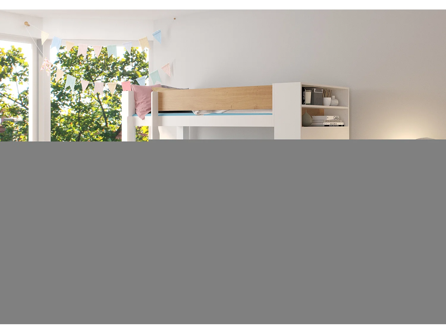 Lit superposé blanc et bois artisan 2 couchages 90x200 avec rangement Mila