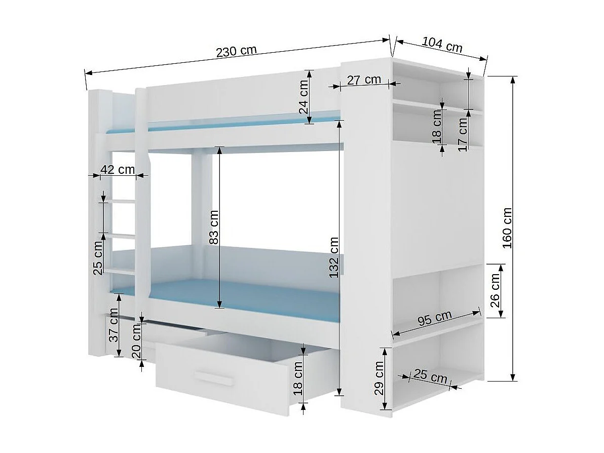 Lit superposé blanc et bois artisan 2 couchages 90x200 avec rangement Mila