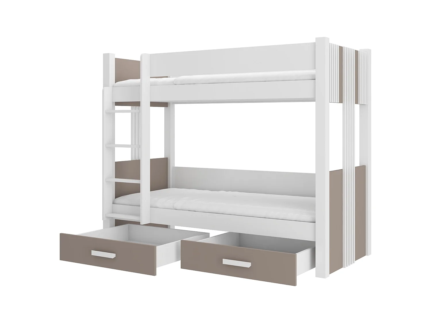 Lit superposé blanc et taupe 2 couchages 80x180 ou 90x200 avec tiroirs de rangement Luka-2 matelas 90x200-90x200