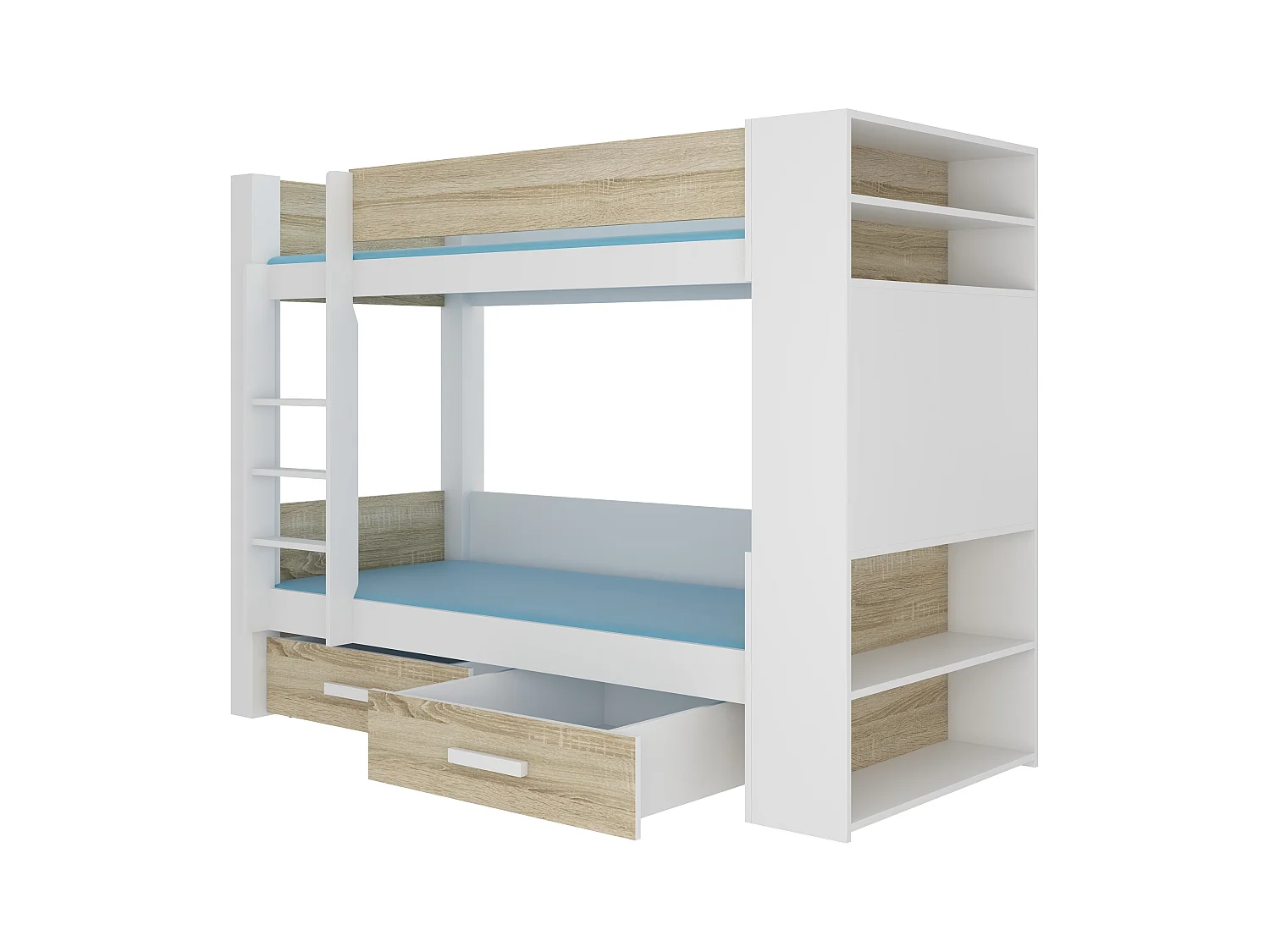 Lit superposé blanc et bois Sonoma 2 couchages 90x200 avec rangement Mila