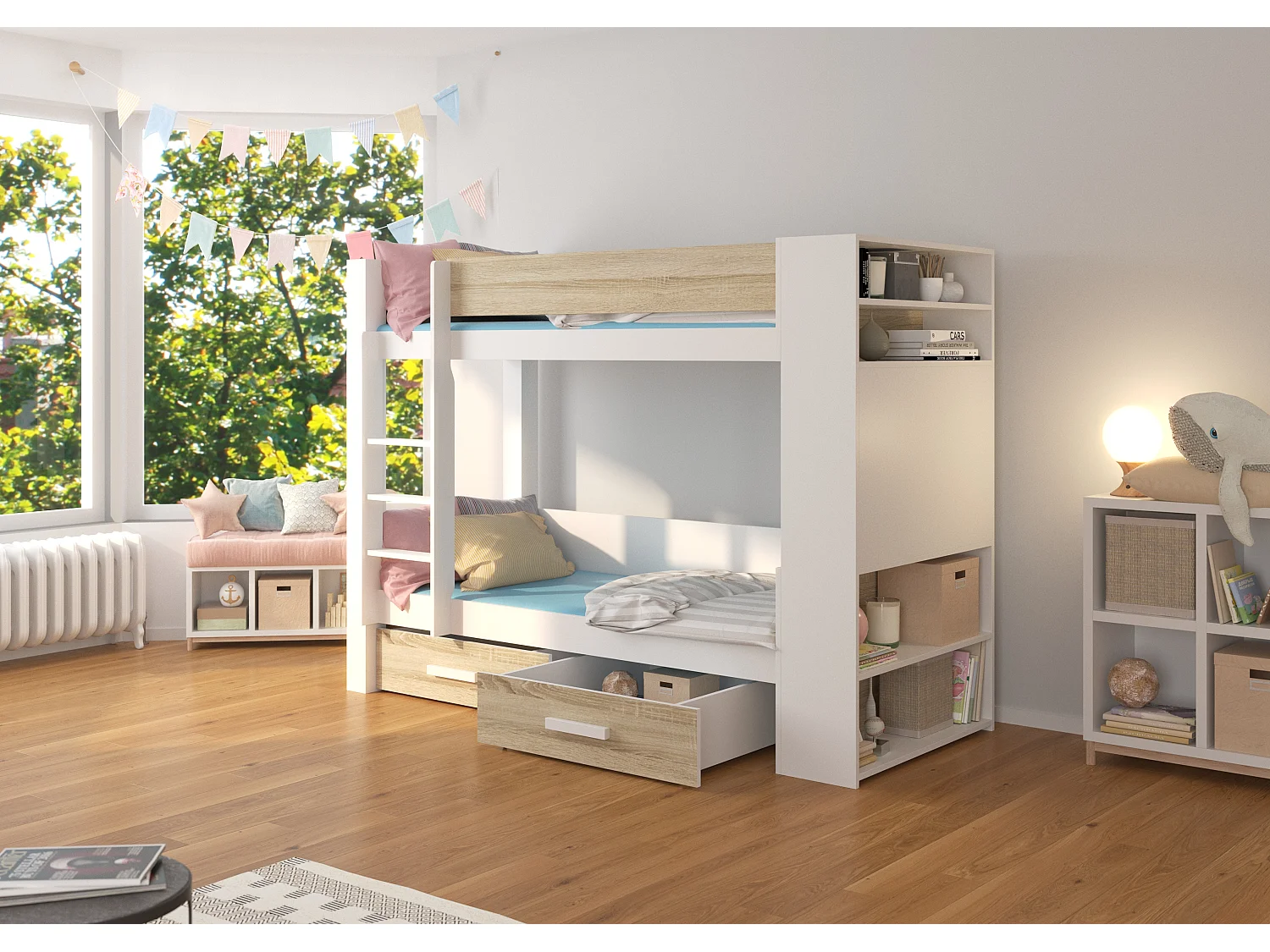 Lit superposé blanc et bois Sonoma 2 couchages 90x200 avec rangement Mila