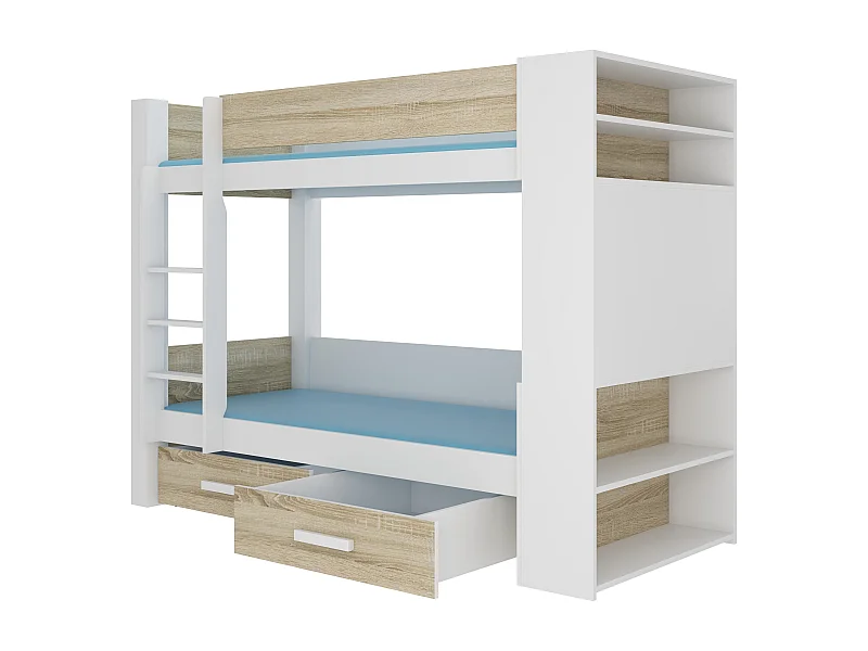 Lit superposé blanc et bois Sonoma 2 couchages 90x200 avec rangement Mila