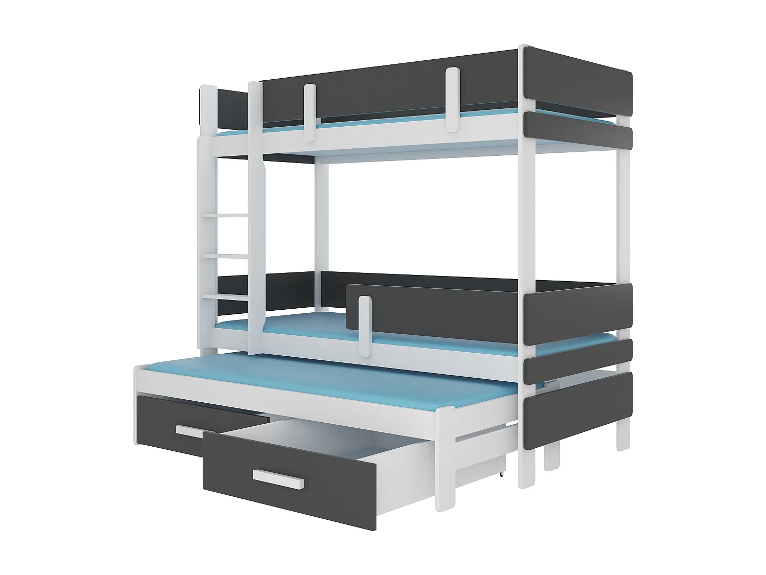 Lit superposé 3 niveaux avec 2 tiroirs de rangement blanc et gris graphite 90x200 Kopa