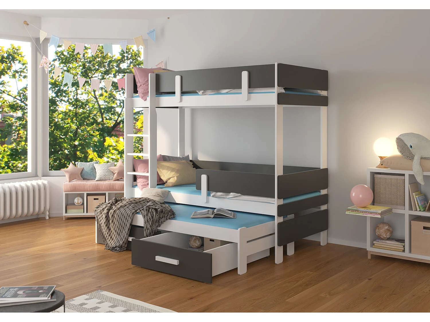 Lit superposé 3 niveaux avec 2 tiroirs de rangement blanc et gris graphite 90x200 Kopa