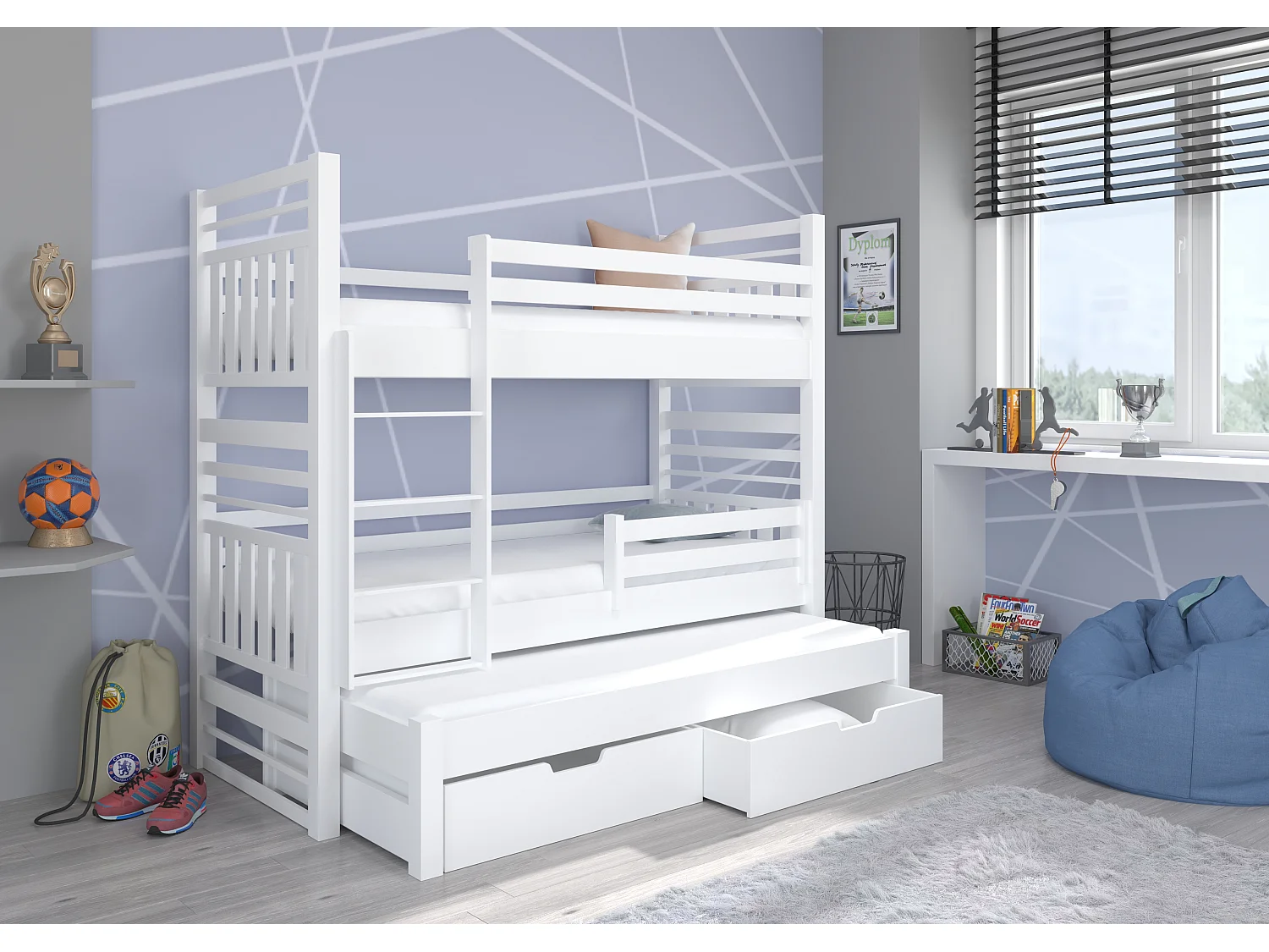 Lit superposé 3 couchages avec 2 tiroirs de rangement blanc 90x200 Niko