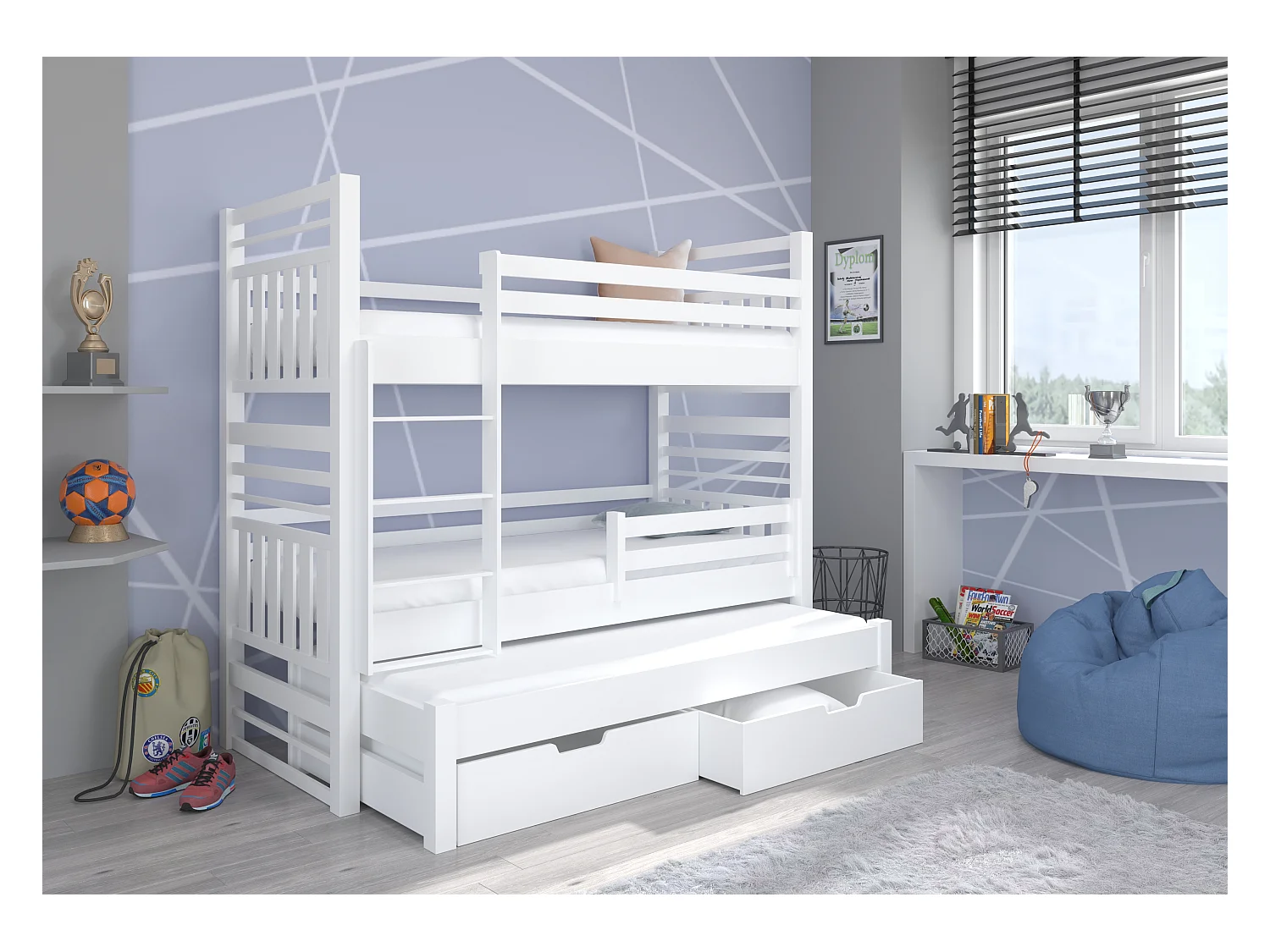 Lit superposé 3 couchages avec 2 tiroirs de rangement blanc 90x200 Niko