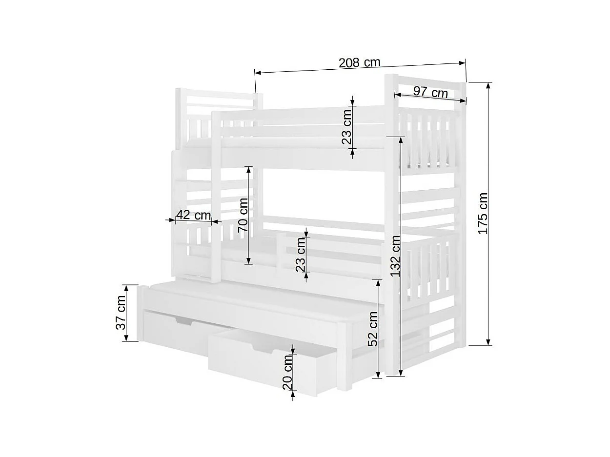 Lit superposé 3 couchages avec 2 tiroirs de rangement blanc 90x200 Niko