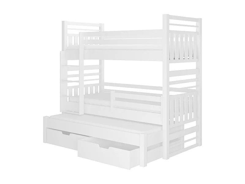 Lit superposé 3 couchages avec 2 tiroirs de rangement blanc 90x200 Niko