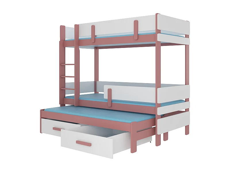 Stapelbed 3 niveaus met 2 roze en witte opberglades 90x200 cm Kopa