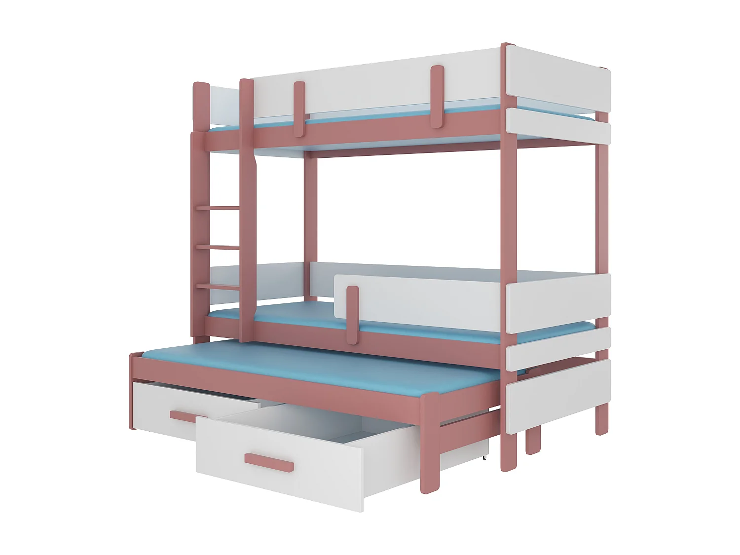 Stapelbed 3 niveaus met 2 roze en witte opberglades 90x200 cm Kopa