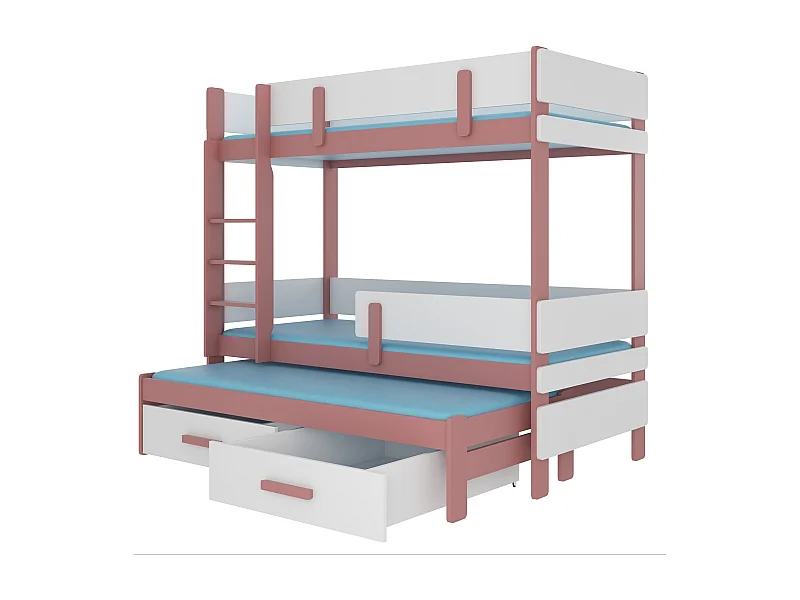 Lit superposé 2 niveaux avec 2 tiroirs de rangement rose et blanc 90x200 Palko