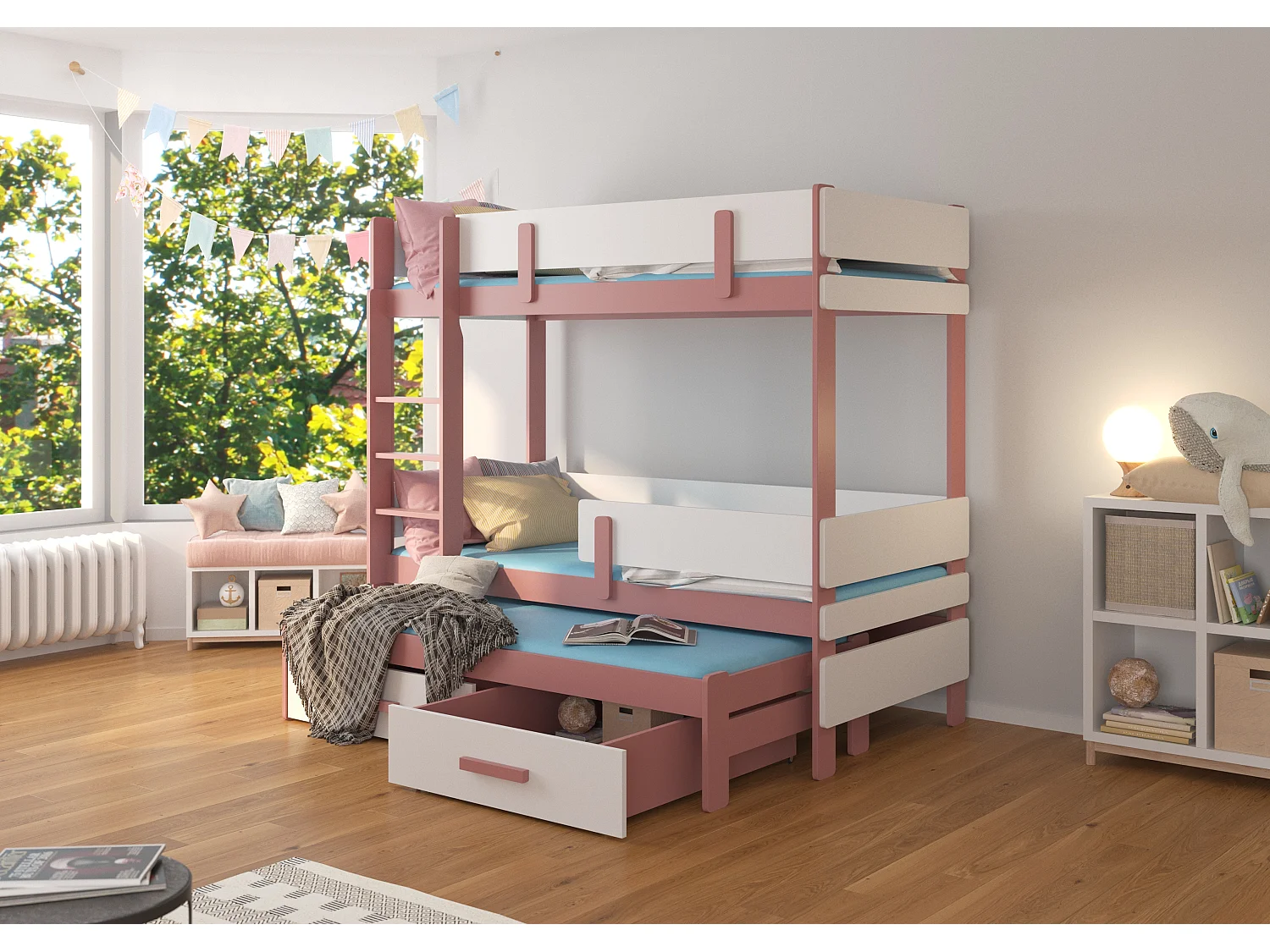 Lit superposé 2 niveaux avec 2 tiroirs de rangement rose et blanc 90x200 Palko