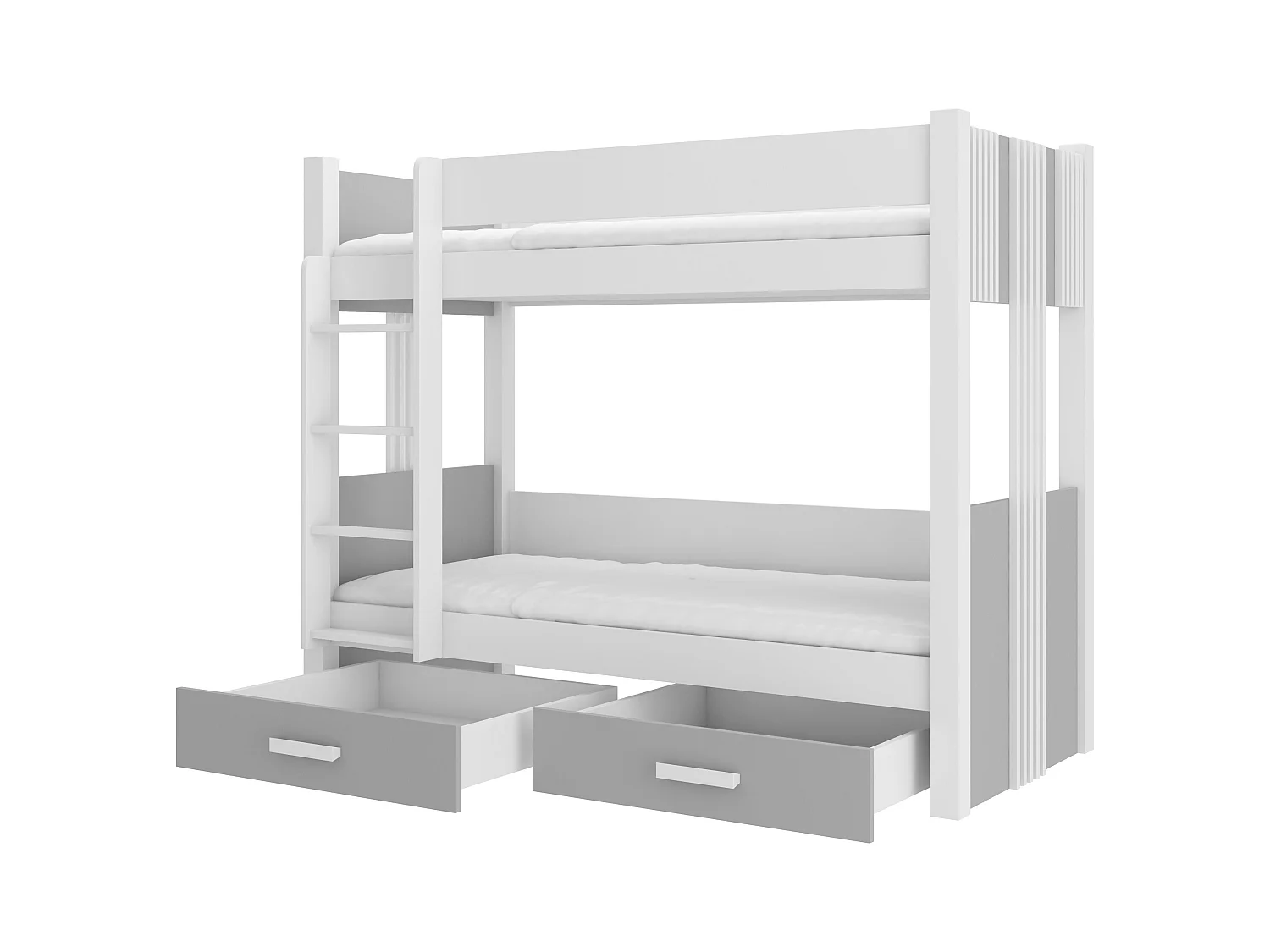 Lit superposé blanc et gris clair 2 couchages 80x180 ou 90x200 avec tiroirs de rangement Luka-2 matelas 90x200-90x200