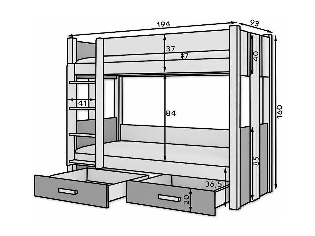 Wit en lichtgrijs stapelbed voor 2 personen 80x180 cm of 90x200 cm met opberglades Luka-2 matrassen 90x200cm-Slapen 90x200cm