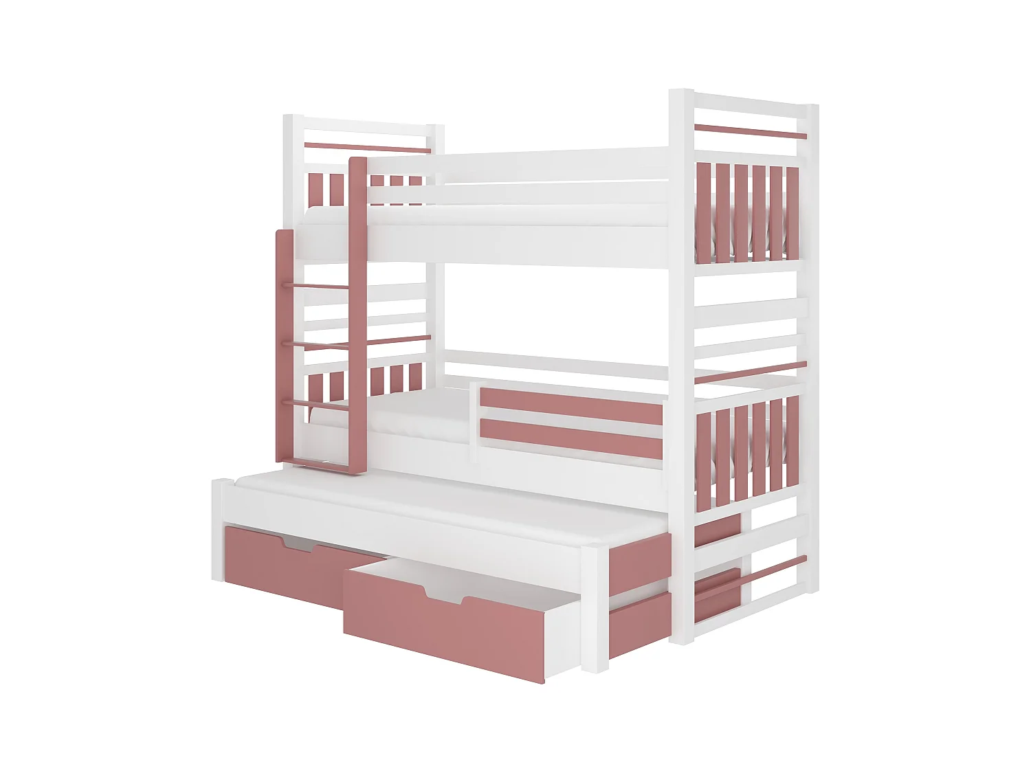 Lit superposé 3 couchages avec 2 tiroirs de rangement blanc et rose 90x200 Niko