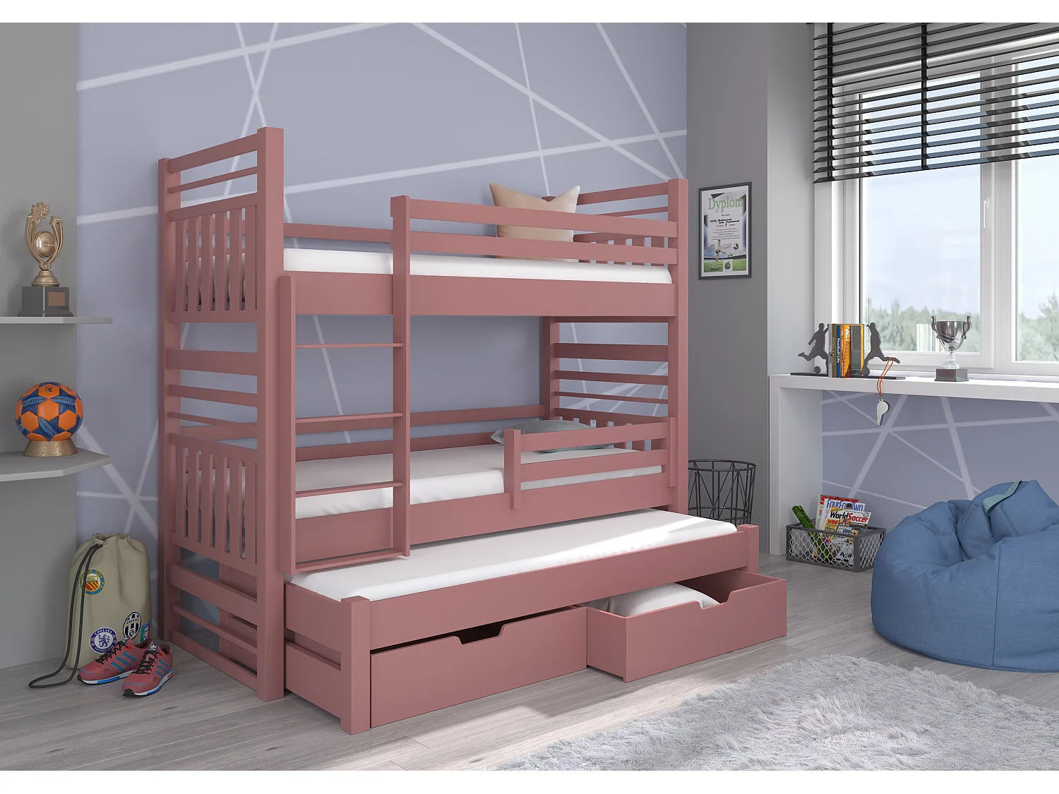 Stapelbed voor 3 personen met 2 roze opberglades 90x200 cm Niko