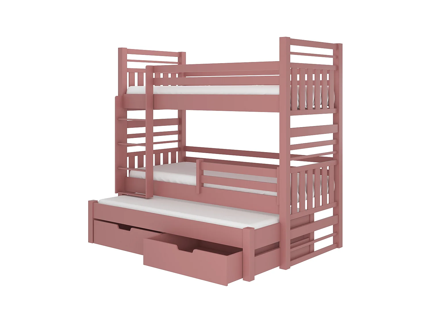 Lit superposé 3 couchages avec 2 tiroirs de rangement rose 90x200 Niko