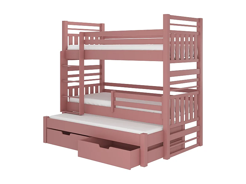 Lit superposé 3 couchages avec 2 tiroirs de rangement rose 90x200 Niko