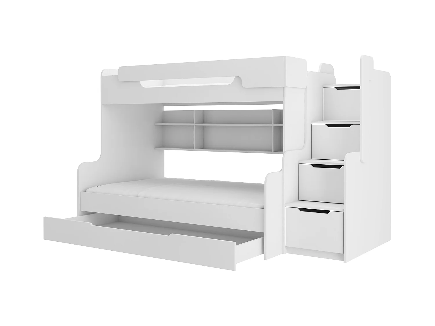 Lit superposé bois blanc 3 couchages 90x200 avec étagère et escaliers de rangement Karel