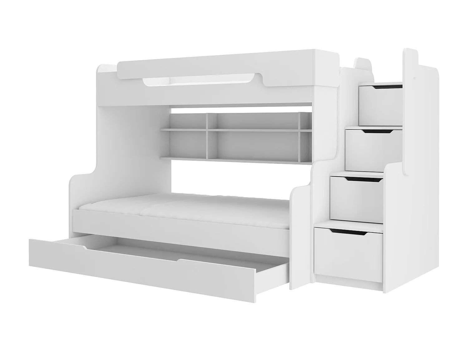 Lit superposé bois blanc 3 couchages 90x200 avec étagère et escaliers de rangement Karel