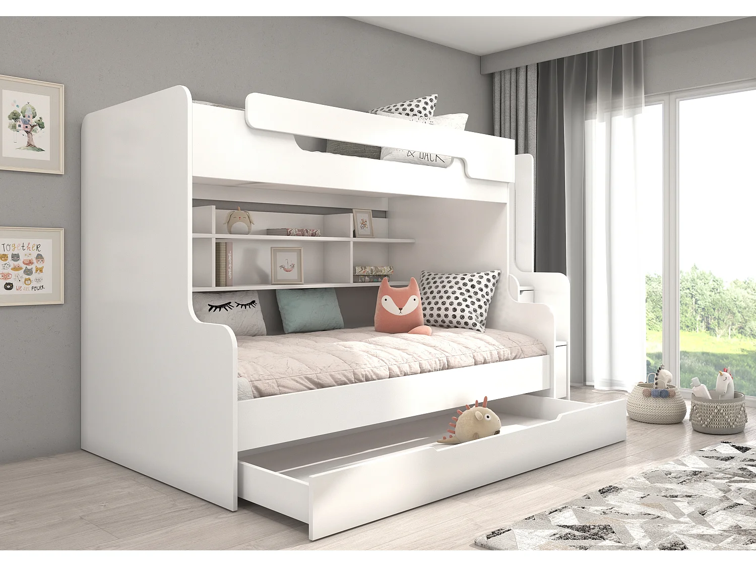 Lit superposé bois blanc 3 couchages 90x200 avec étagère et escaliers de rangement Karel