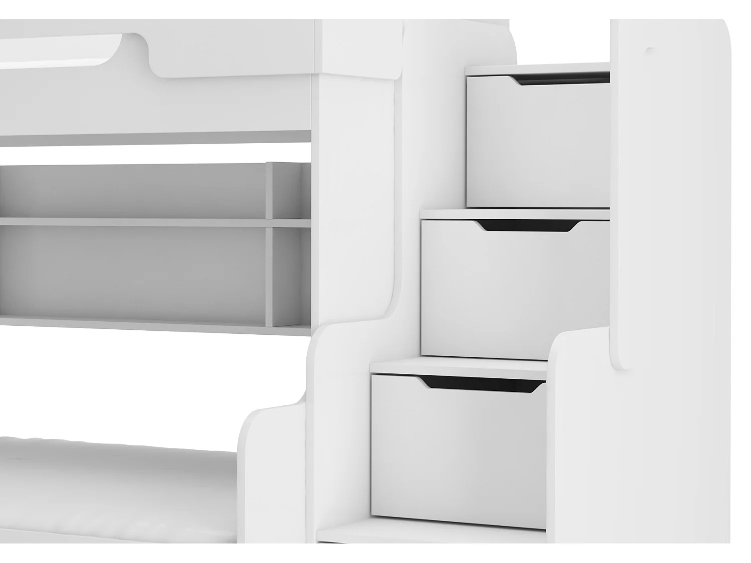 Lit superposé bois blanc 3 couchages 90x200 avec étagère et escaliers de rangement Karel