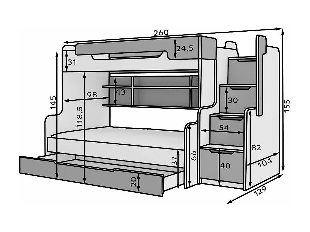 Lit superposé bois blanc 3 couchages 90x200 avec étagère et escaliers de rangement Karel