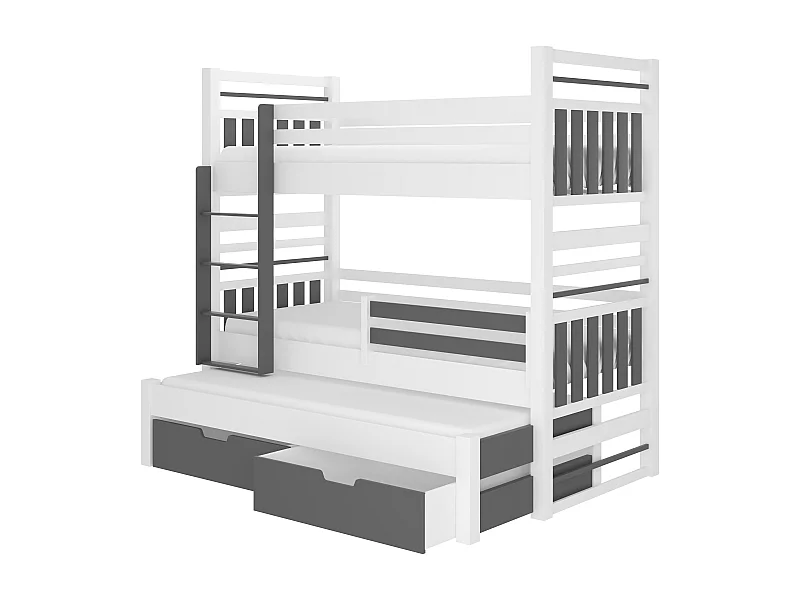Lit superposé 3 couchages avec 2 tiroirs de rangement blanc et gris graphite 90x200 Niko