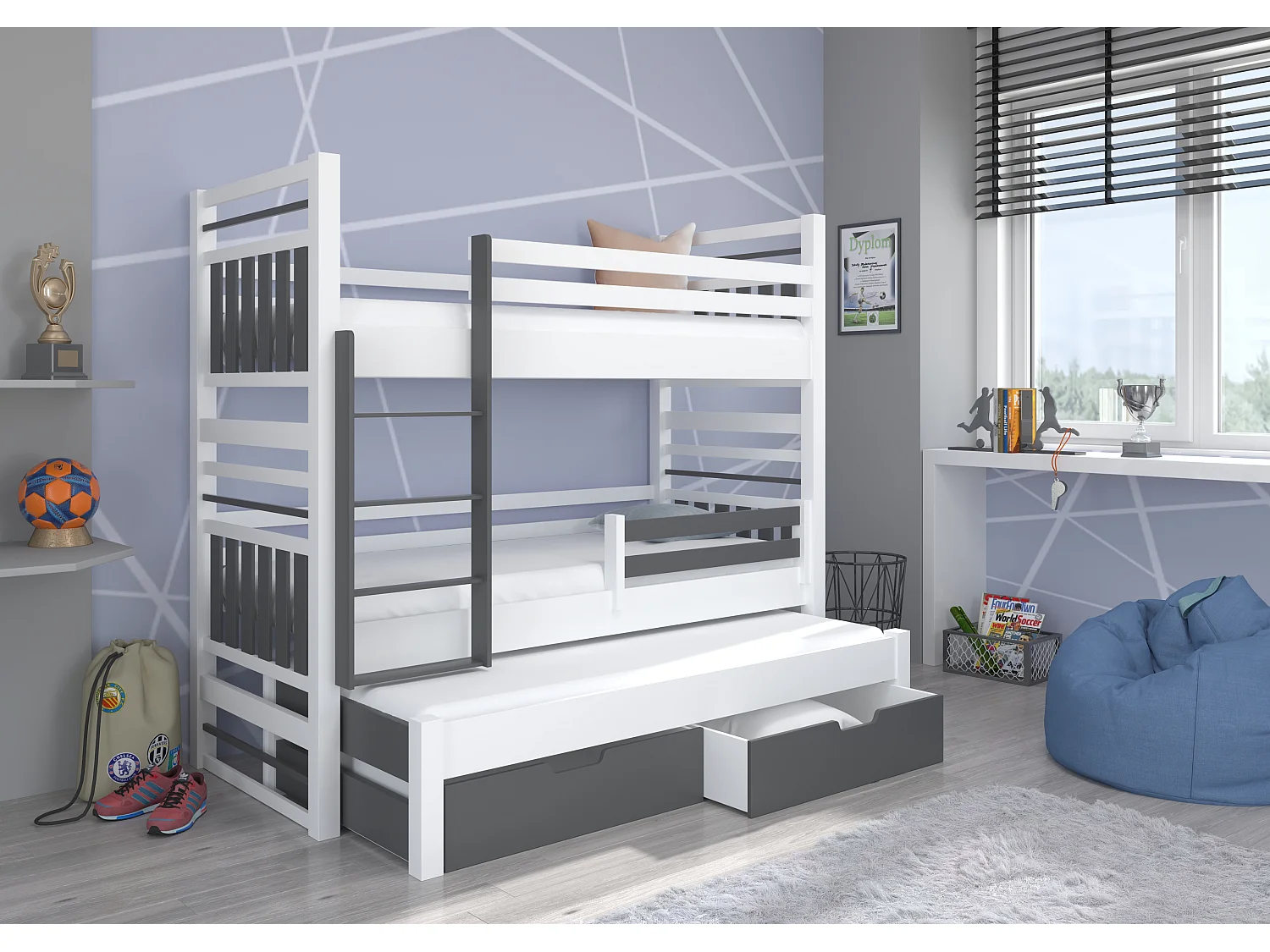 Lit superposé 3 couchages avec 2 tiroirs de rangement blanc et gris graphite 90x200 Niko