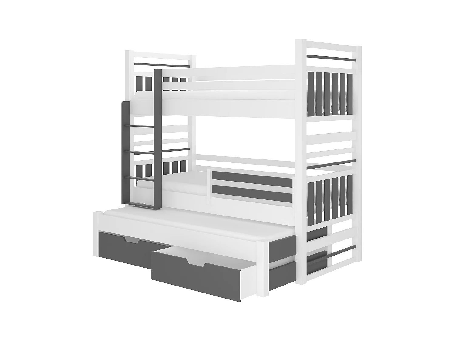 Lit superposé 3 couchages avec 2 tiroirs de rangement blanc et gris graphite 90x200 Niko