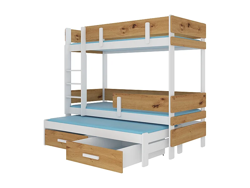 Lit superposé 2 niveaux avec 2 tiroirs de rangement bois clair oak et blanc 90x200 Palko