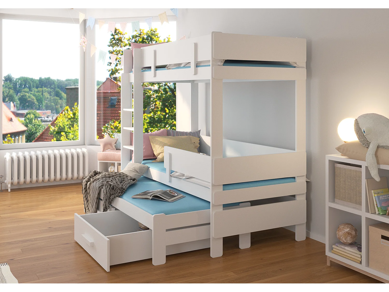 Lit superposé 2 niveaux avec 2 tiroirs de rangement bois clair oak et blanc 90x200 Palko