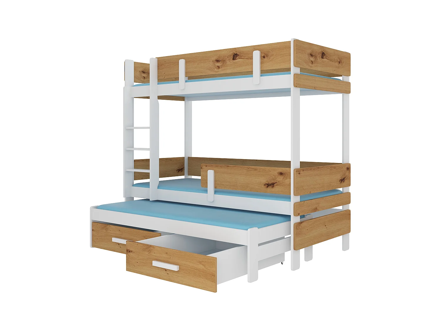 Lit superposé 2 niveaux avec 2 tiroirs de rangement bois clair oak et blanc 90x200 Palko