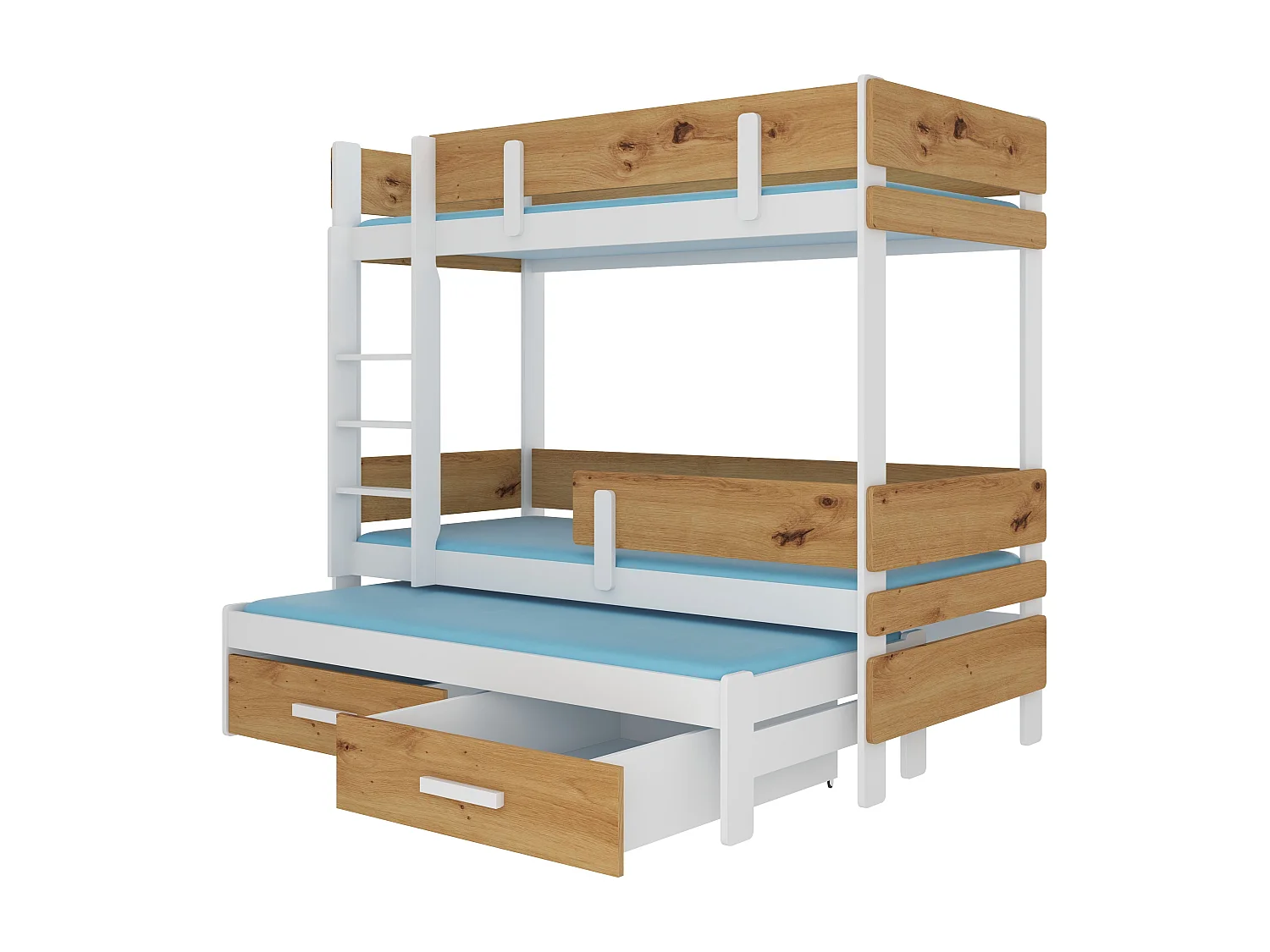 Lit superposé 2 niveaux avec 2 tiroirs de rangement bois clair oak et blanc 90x200 Palko