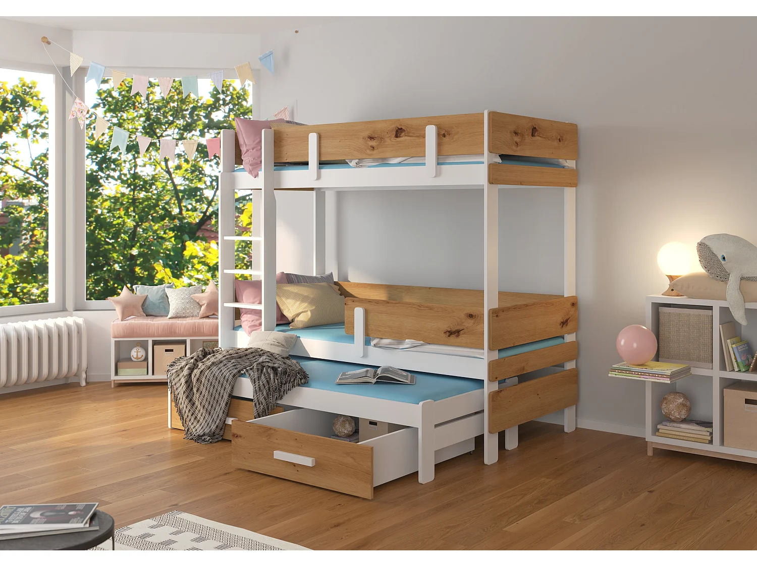 Lit superposé 2 niveaux avec 2 tiroirs de rangement bois clair oak et blanc 90x200 Palko