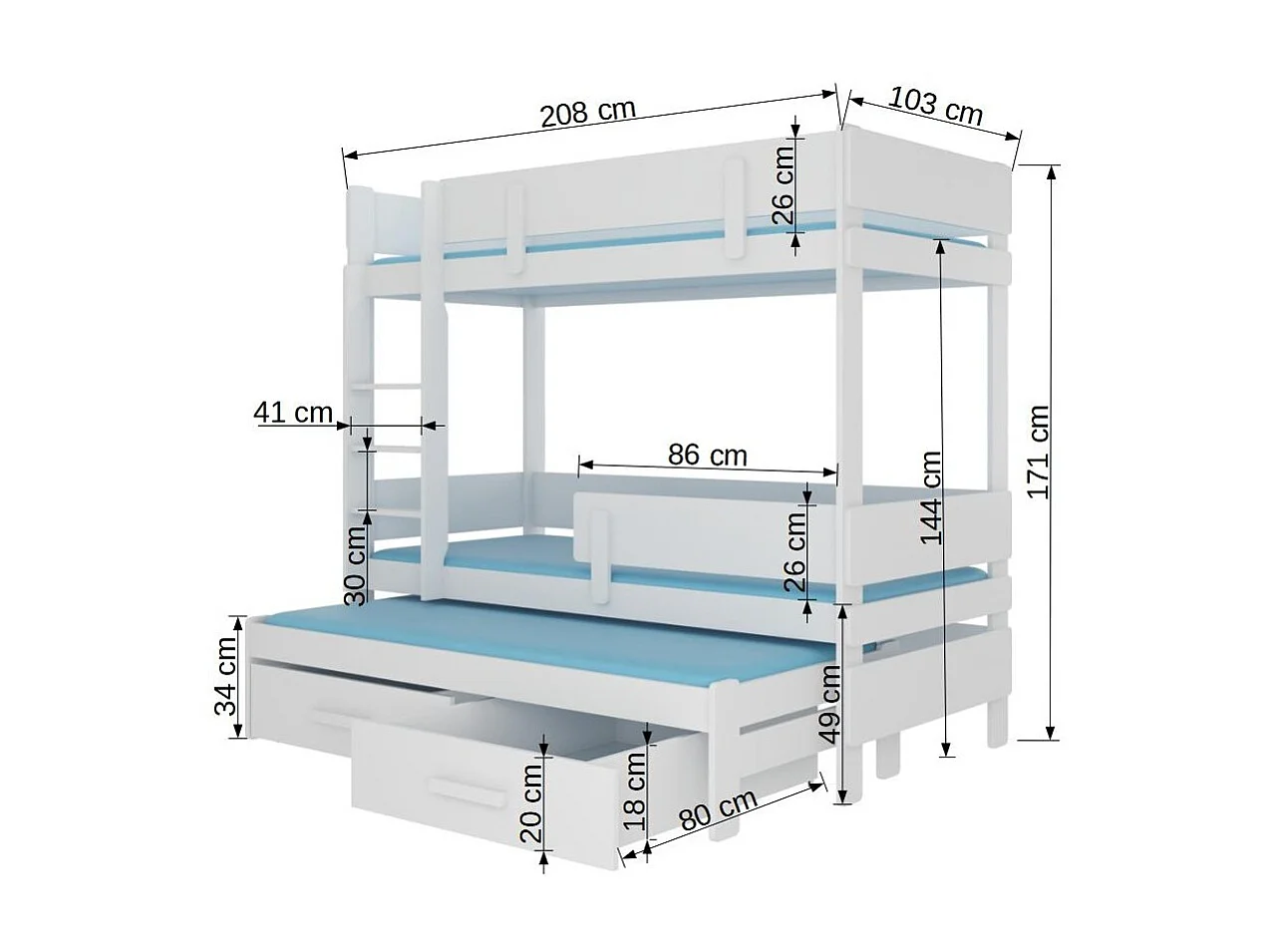 Lit superposé 2 niveaux avec 2 tiroirs de rangement bois clair oak et blanc 90x200 Palko