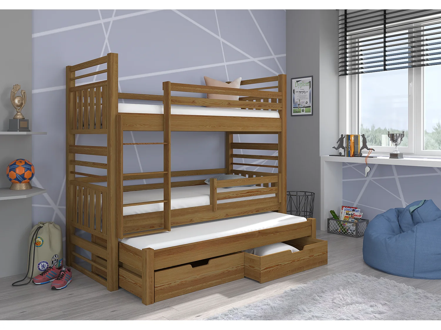 Stapelbed voor 3 personen met 2 eikenhouten opberglades 90x200 cm Niko