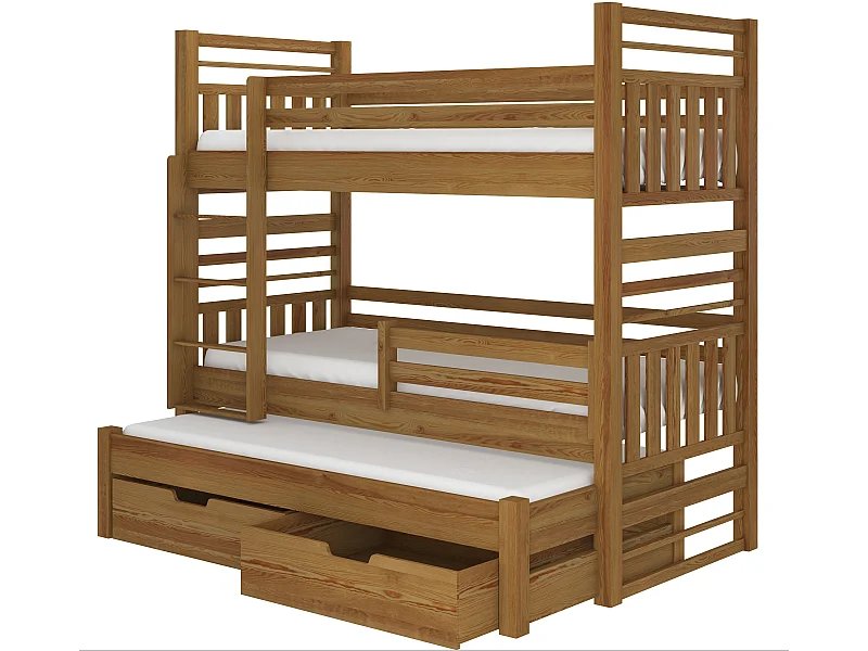 Lit superposé 3 couchages avec 2 tiroirs de rangement bois oak 90x200 Niko