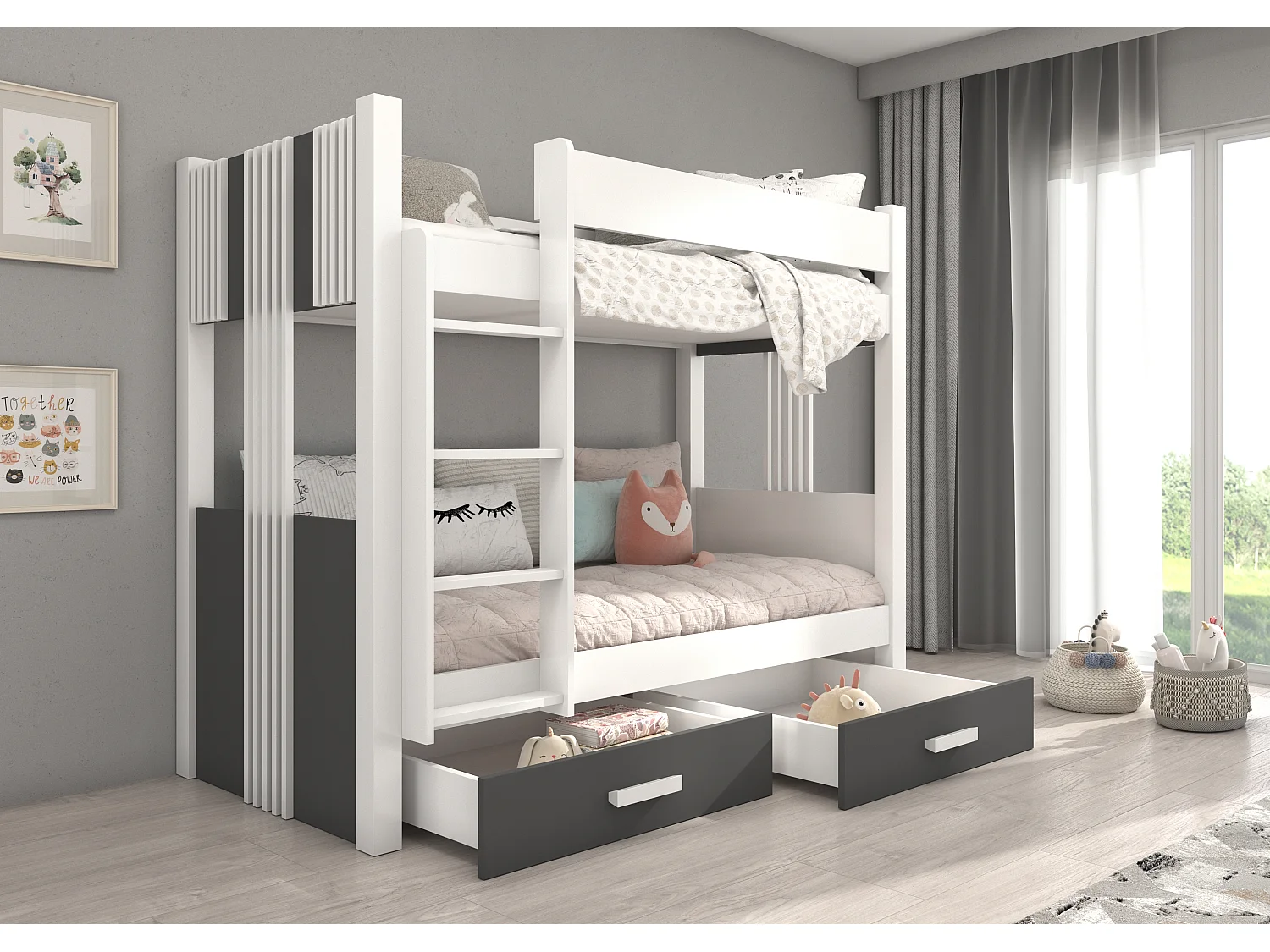 Lit superposé blanc et gris graphite 2 couchages 80x180 ou 90x200 avec tiroirs de rangement Luka-80x180