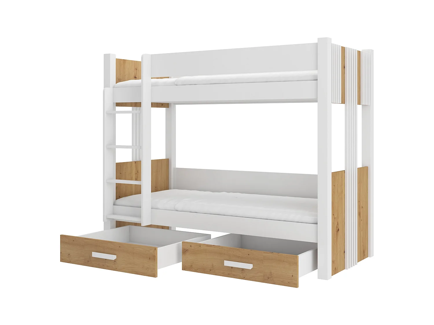 Lit superposé blanc et bois artisan 2 couchages 80x180 ou 90x200 avec tiroirs de rangement Luka-90x200