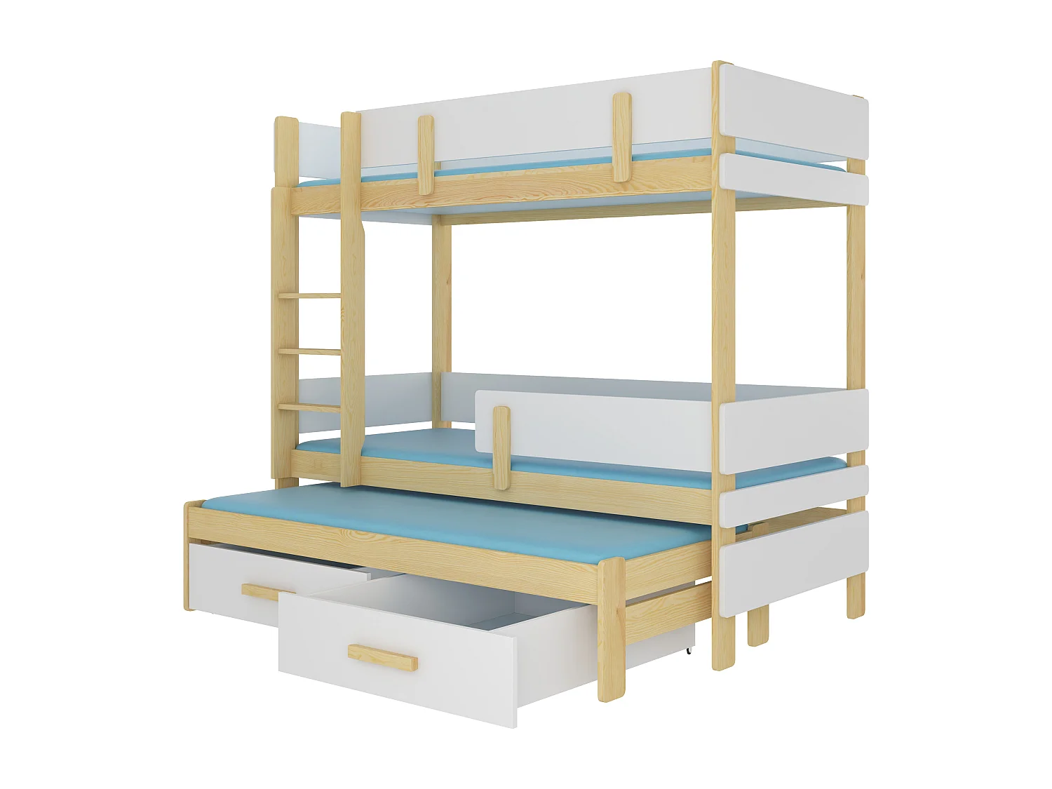Lit superposé 3 niveaux avec 2 tiroirs de rangement pin naturel et blanc 90x200 Kopa