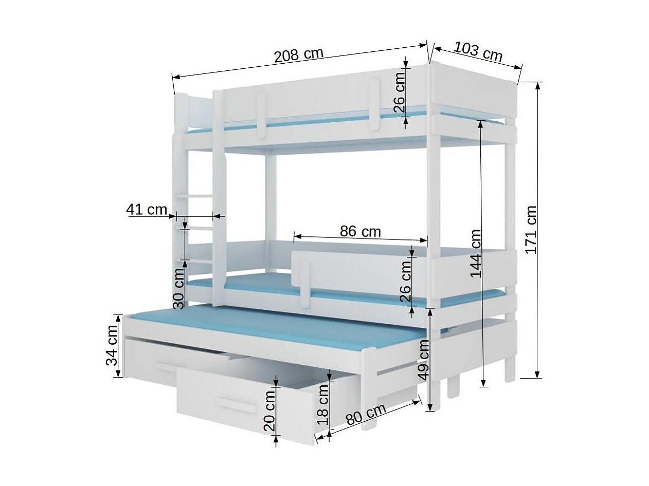 Lit superposé 3 niveaux avec 2 tiroirs de rangement pin naturel et blanc 90x200 Kopa