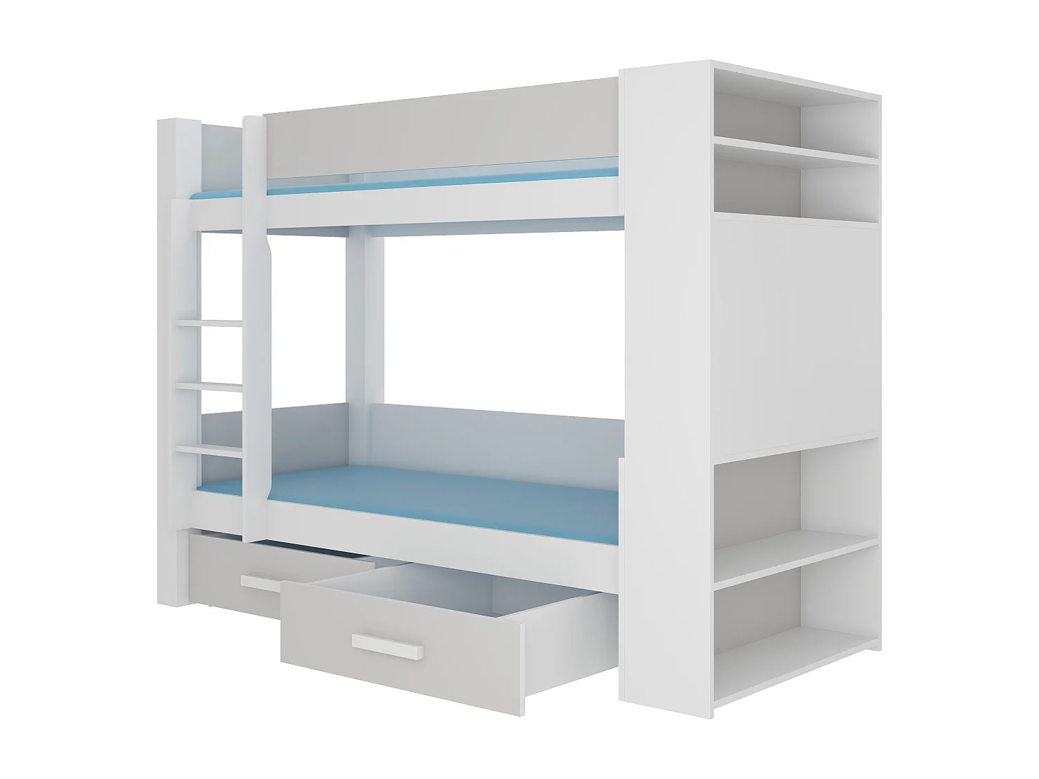 Lit superposé blanc et gris clair 2 couchages 90x200 avec rangement Mila