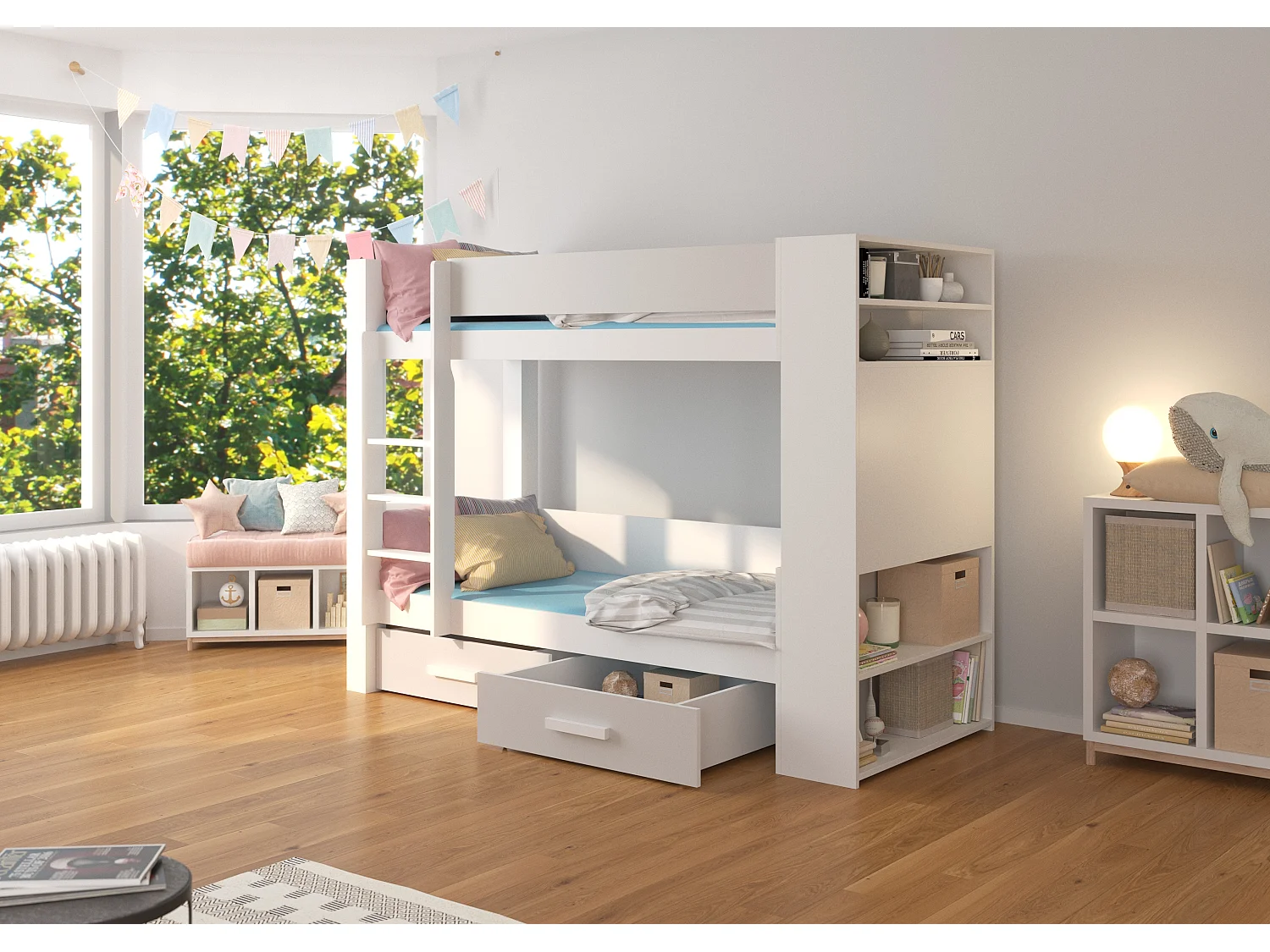 Lit superposé blanc et gris clair 2 couchages 90x200 avec rangement Mila