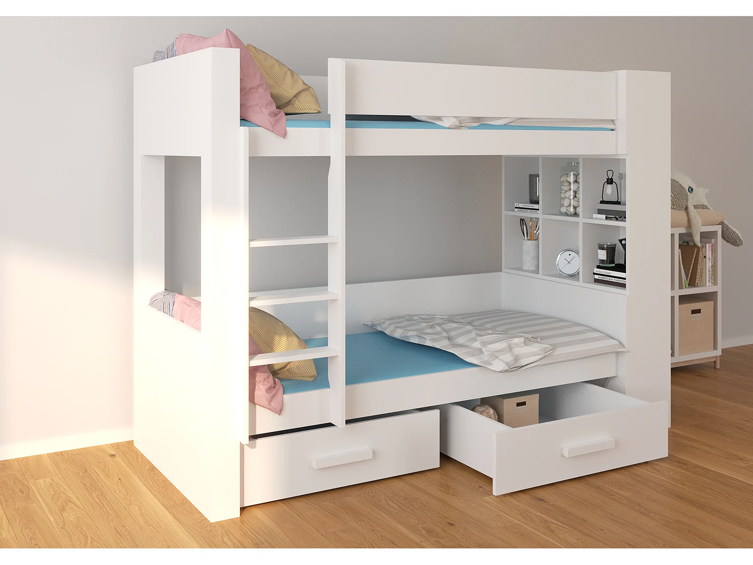 Lit superposé blanc et gris clair 2 couchages 90x200 avec rangement Mila